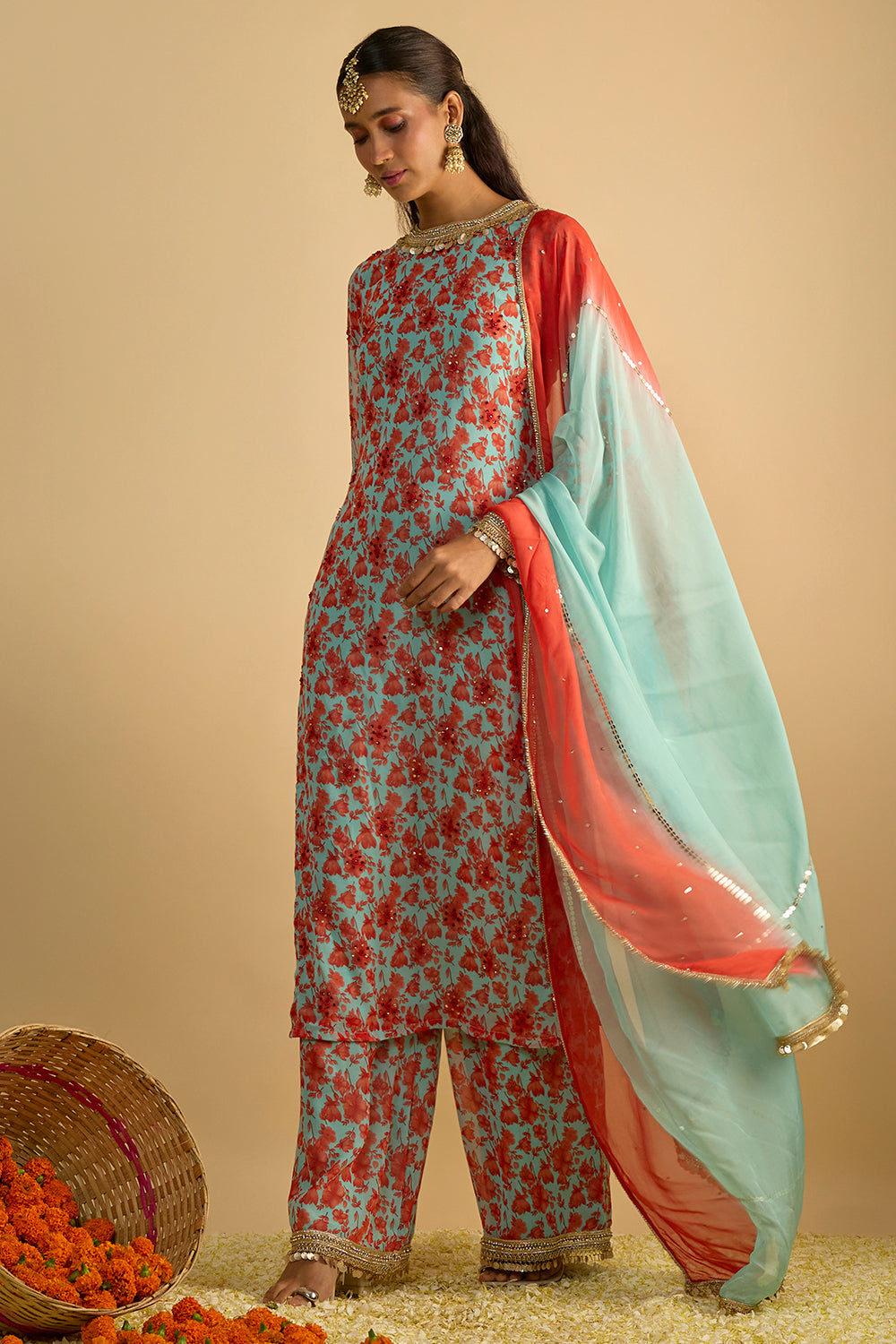Blue and Orange Floral Printed Kurta Set Hand Embroidered in Georgette with Shaded Organza Chitta Work Organza Dupatta