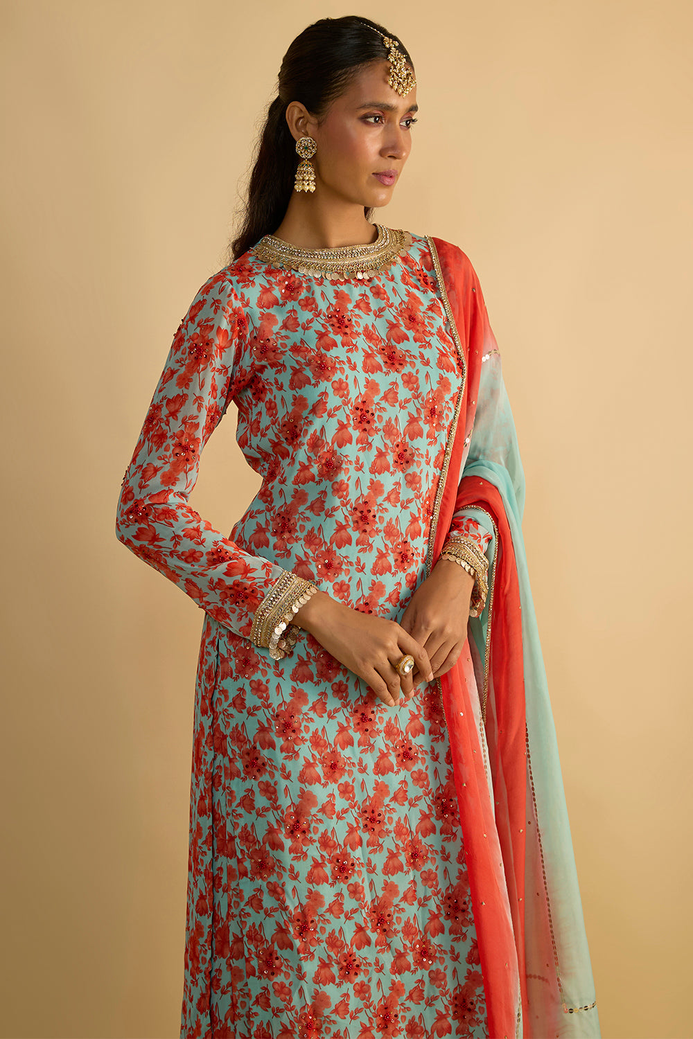Blue and Orange Floral Printed Kurta Set Hand Embroidered in Georgette with Shaded Organza Chitta Work Organza Dupatta