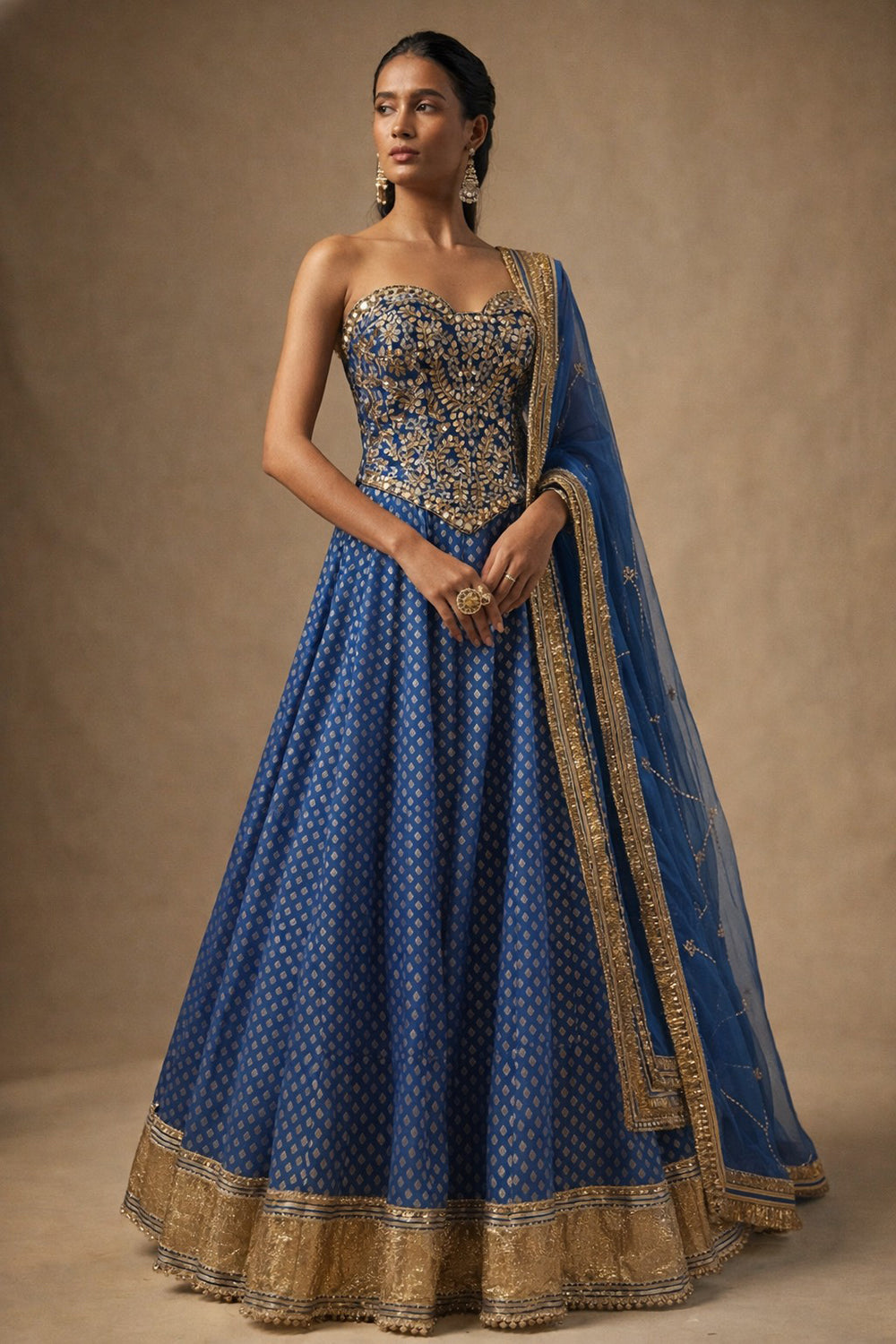 Blue Banarasi silk Lehenga’s set with hand embroidered corset
