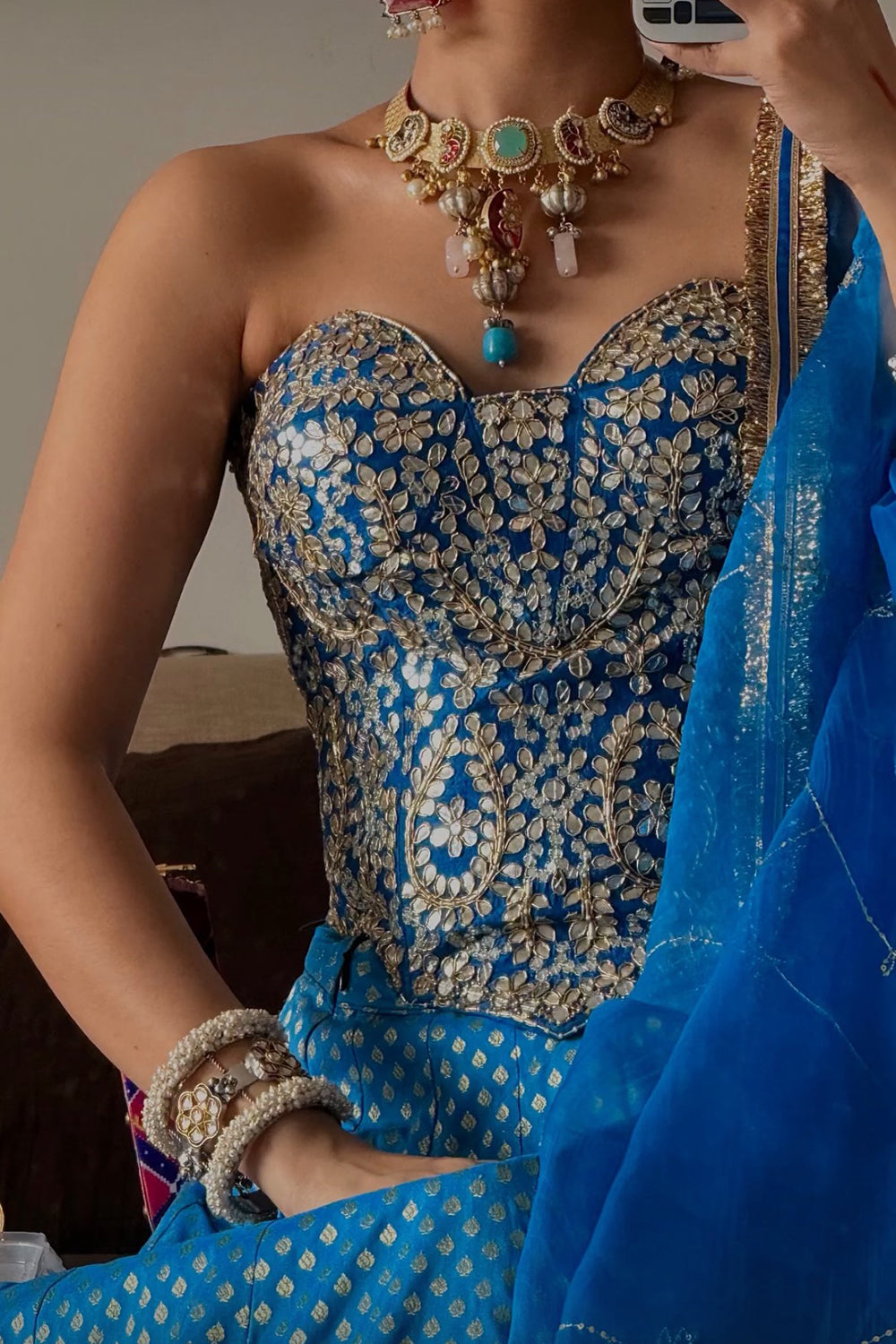 Blue Banarasi silk Lehenga’s set with hand embroidered corset