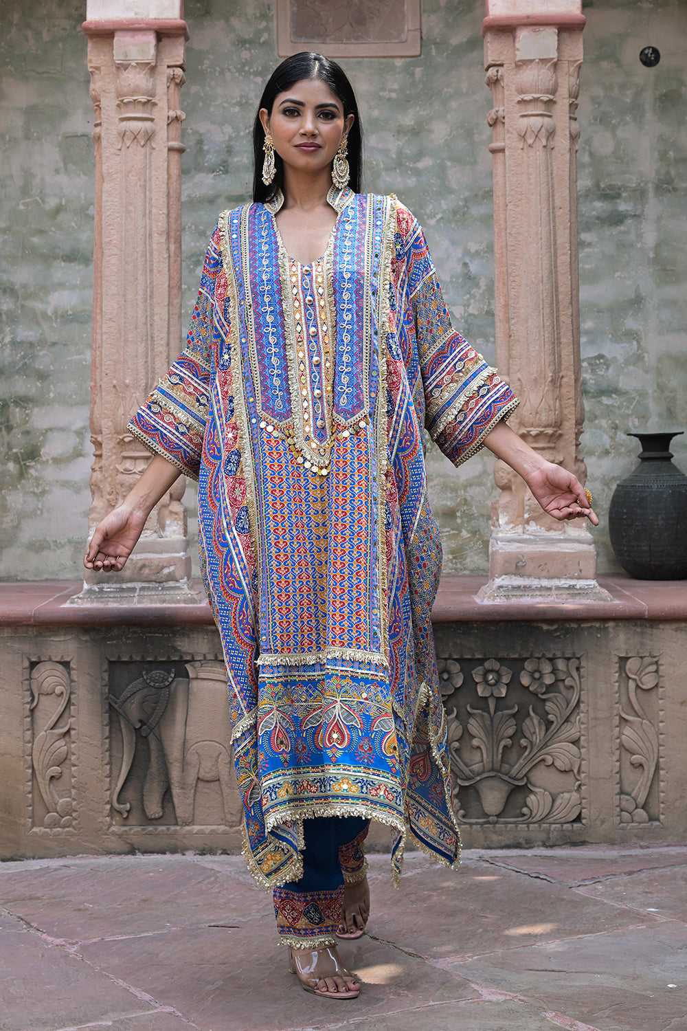 Blue Crepe Kaftan Pant Set Festive Indian Designer Wear