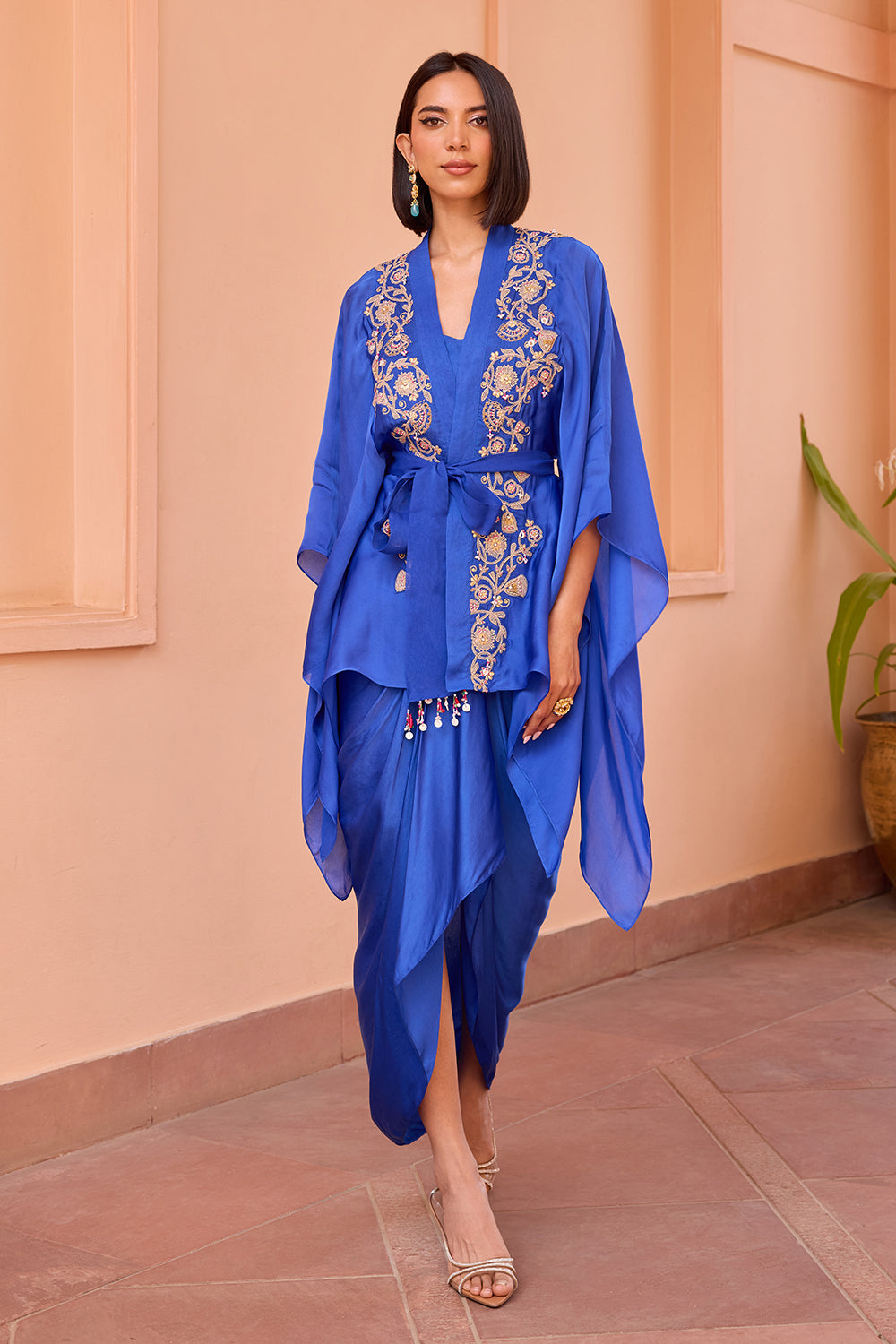 Blue embroidered kimono top with drape skirt and belt
