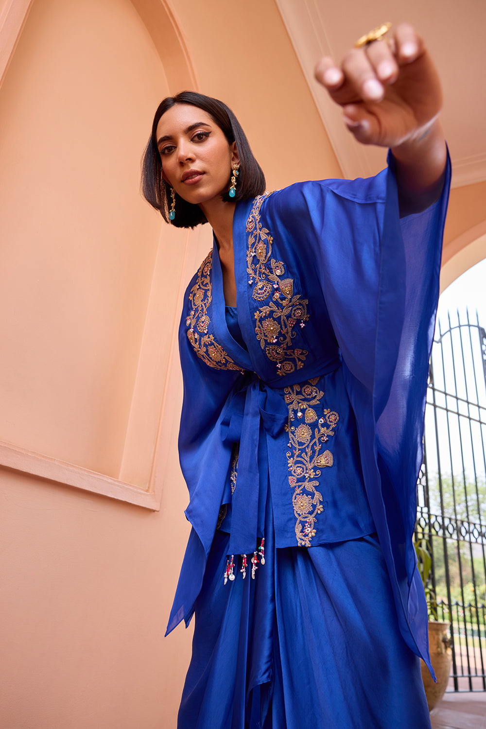 Blue embroidered kimono top with drape skirt and belt