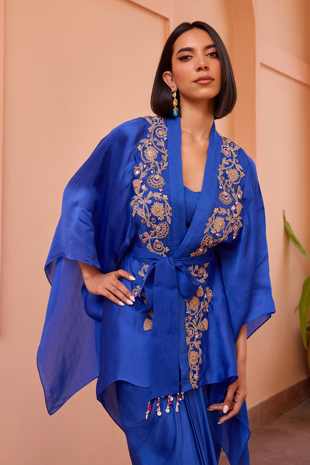 Blue embroidered kimono top with drape skirt and belt