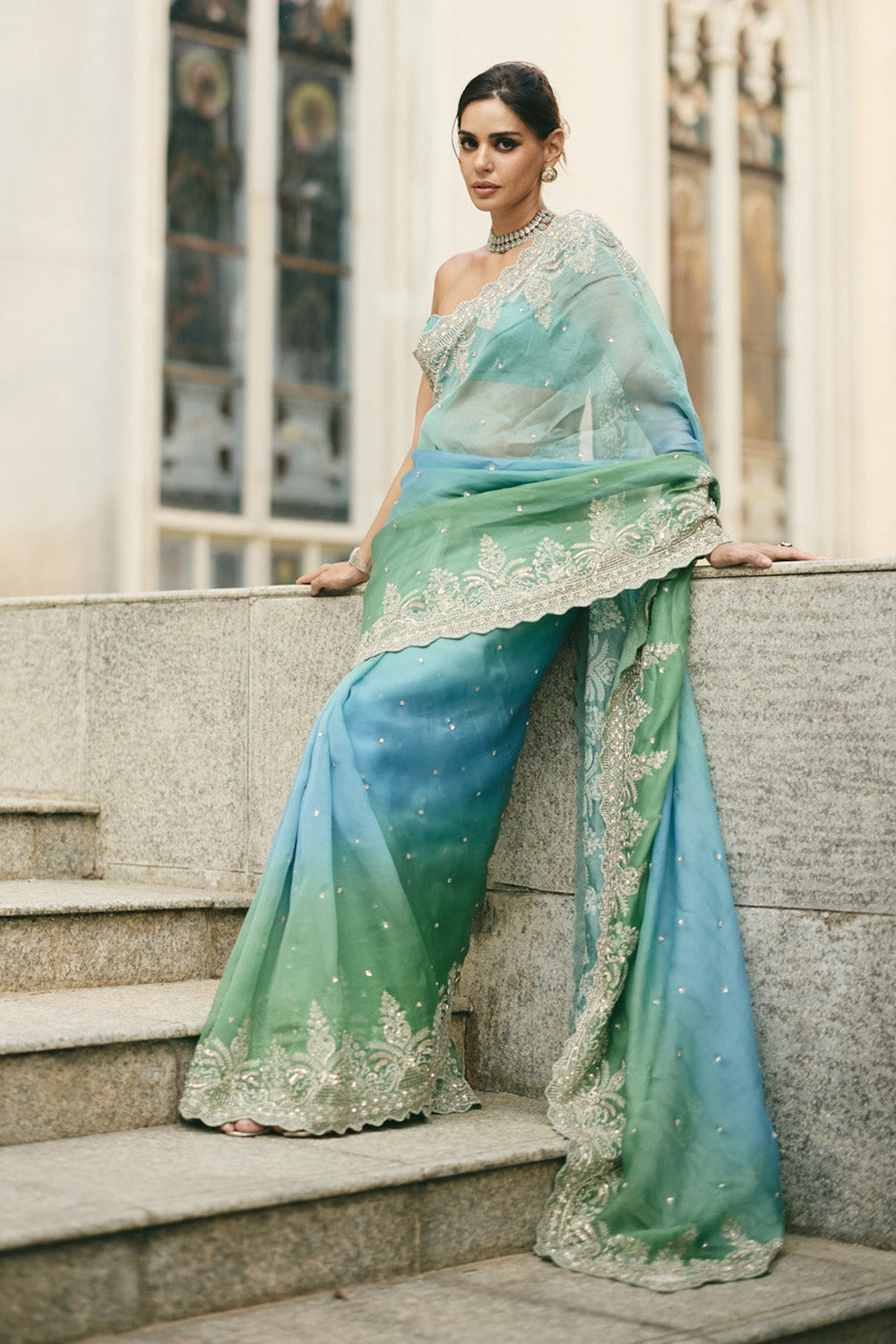 Blue Green Ombre Shar Saree Set