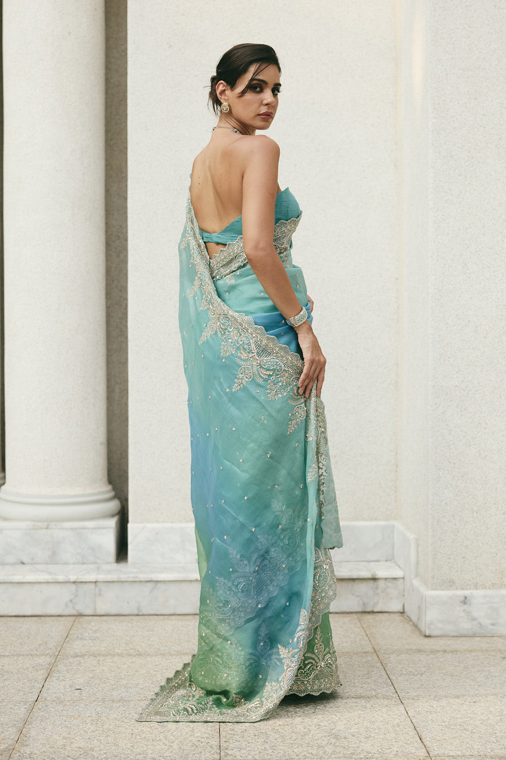 Blue Green Ombre Shar Saree Set