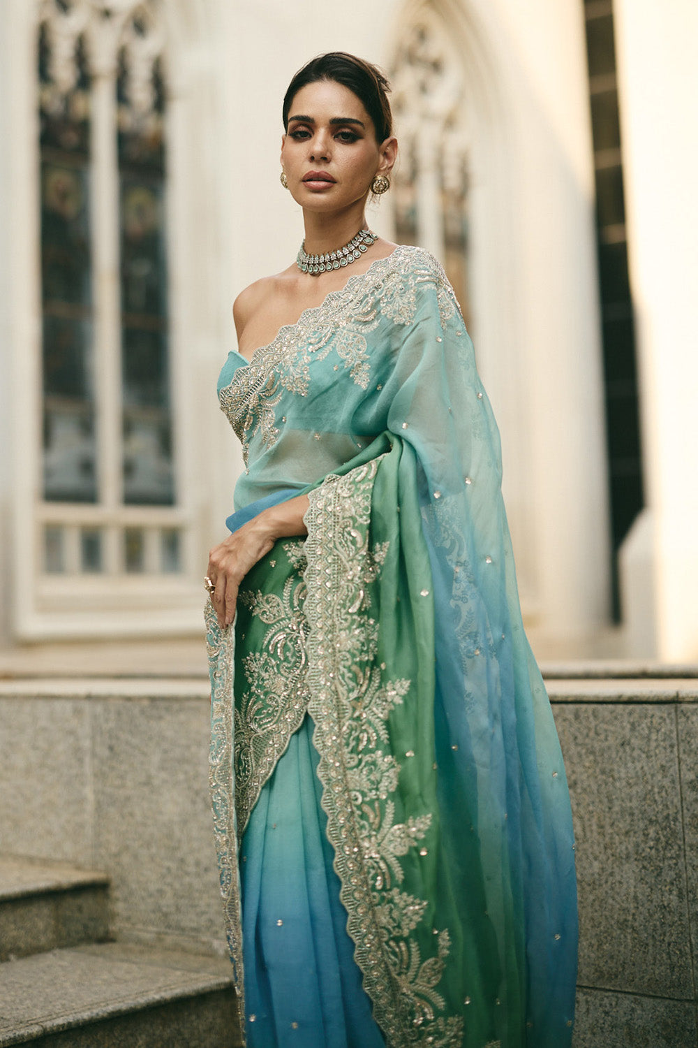 Blue Green Ombre Shar Saree Set