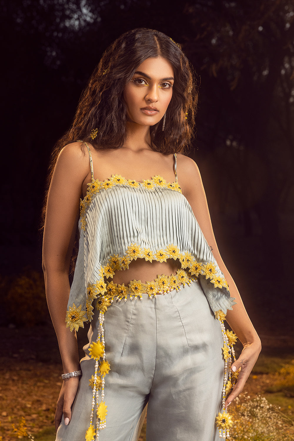 Blue Grey Palazzo With Pleated Crop Top With Belt