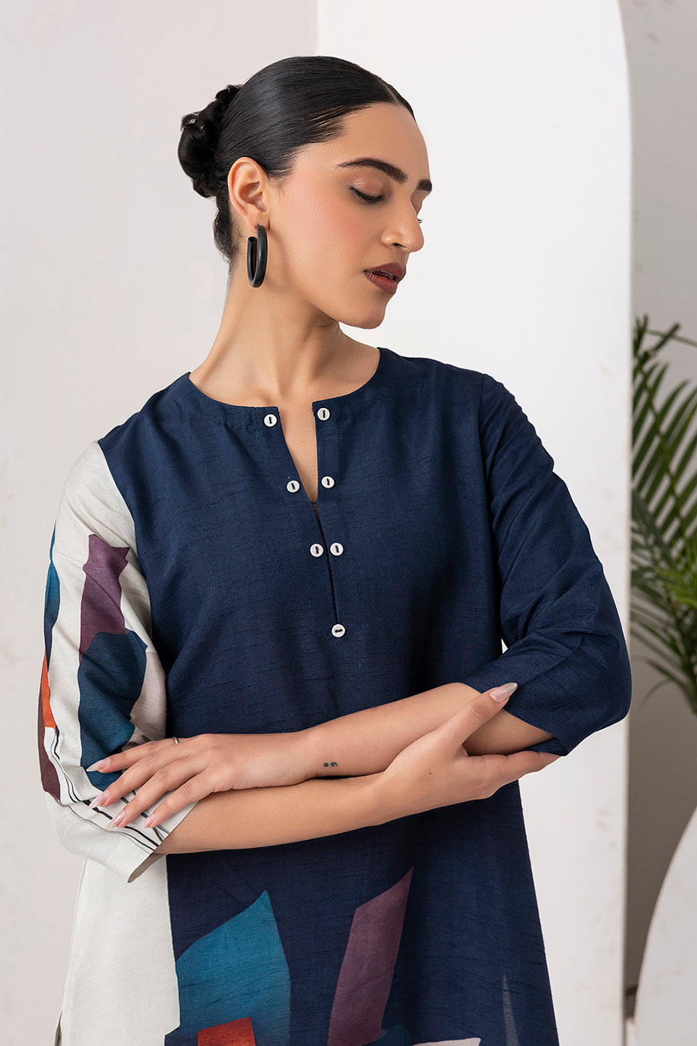 Blue & Ivory Viscose Dupion Printed Tunic