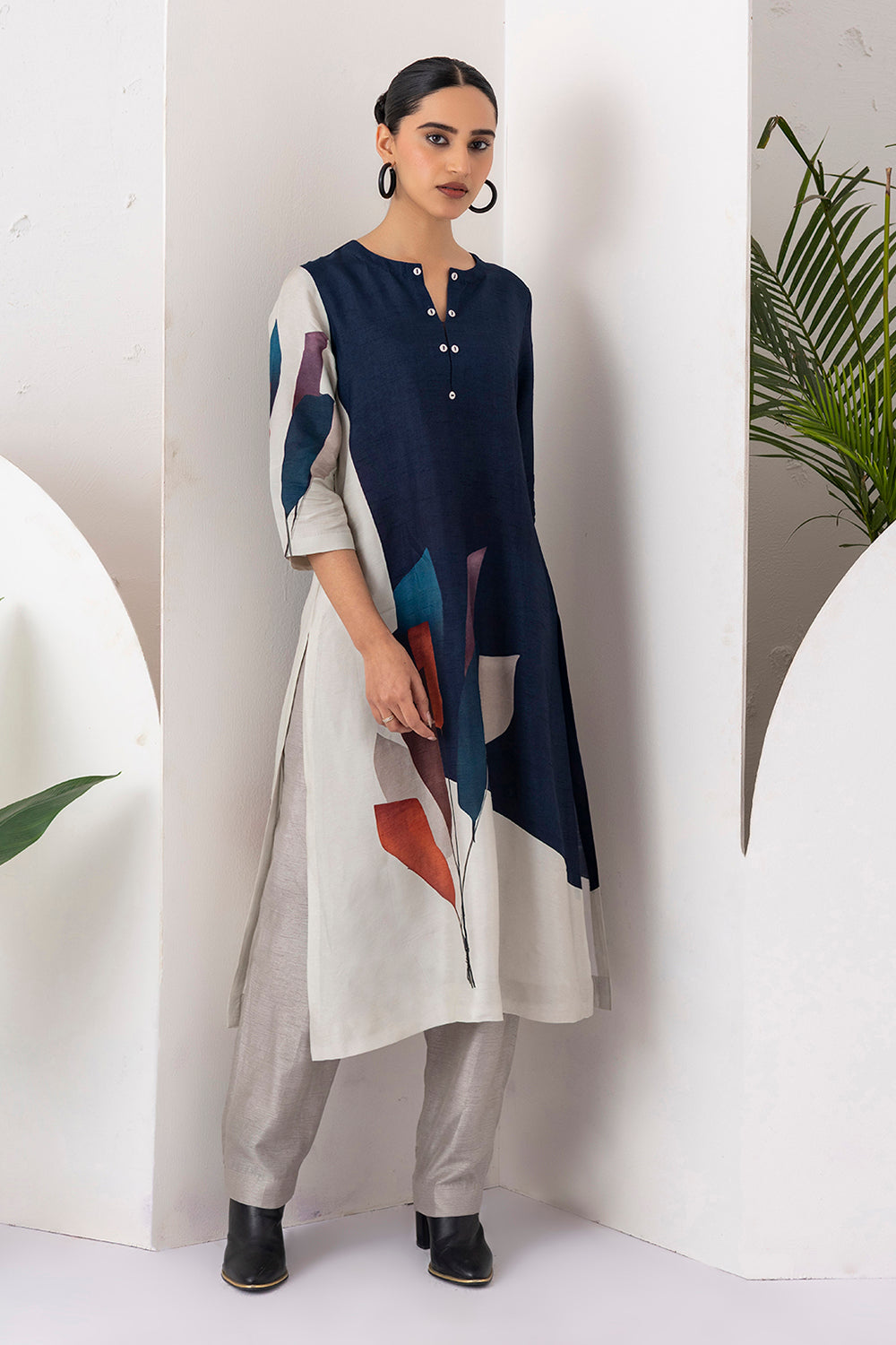 Blue & Ivory Viscose Dupion Printed Tunic