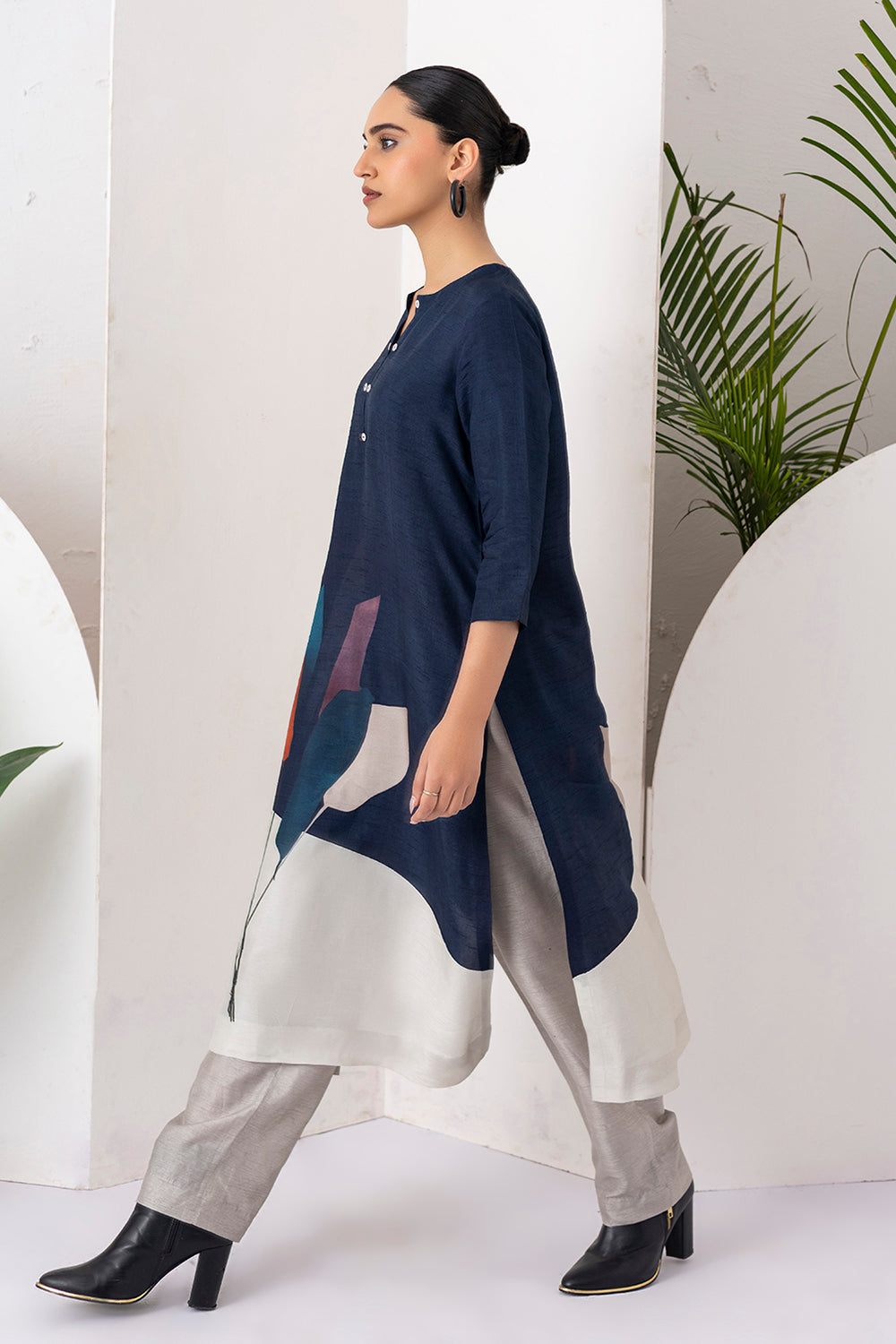 Blue & Ivory Viscose Dupion Printed Tunic