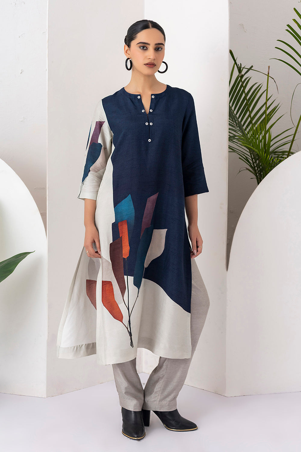 Blue & Ivory Viscose Dupion Printed Tunic