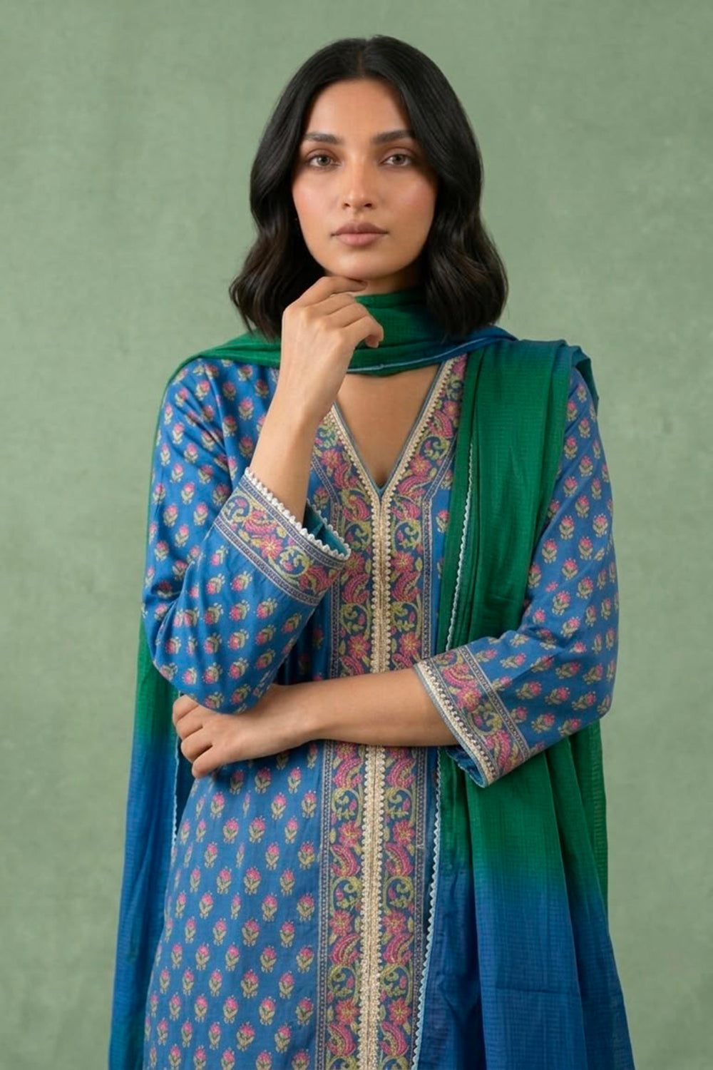 Blue kurta set paired with shaded dupatta
