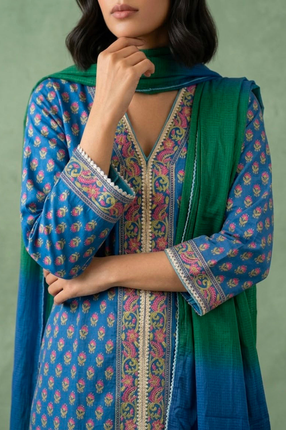 Blue kurta set paired with shaded dupatta