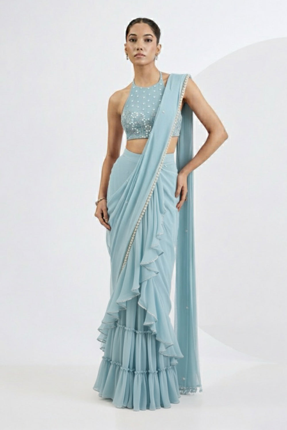 Blue Pre Draped Saree Set