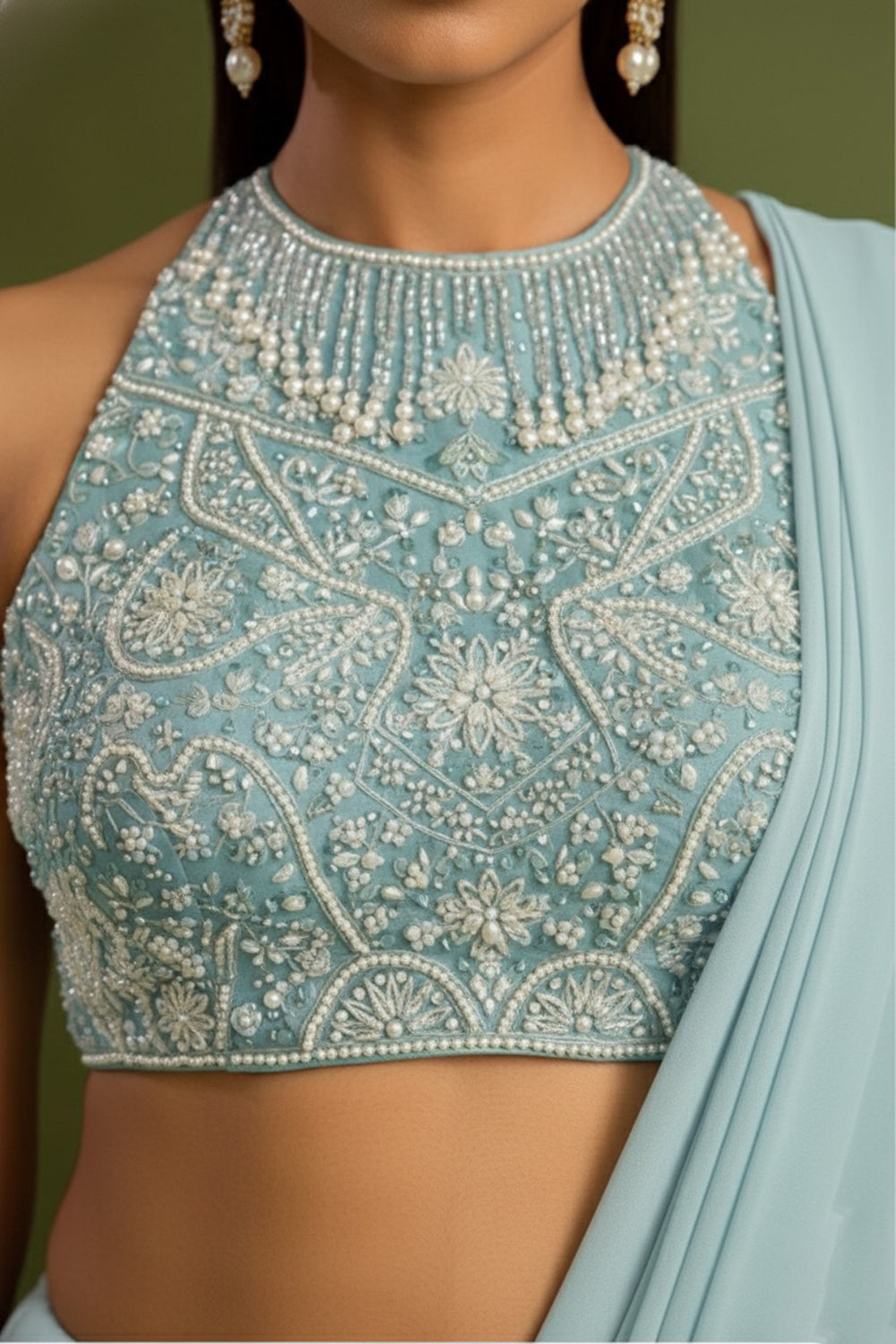 Blue Pre Draped Saree Set