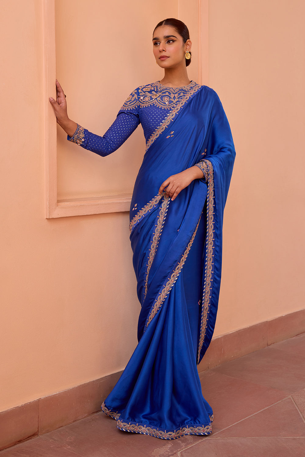 Blue pure satin embroidered saree set