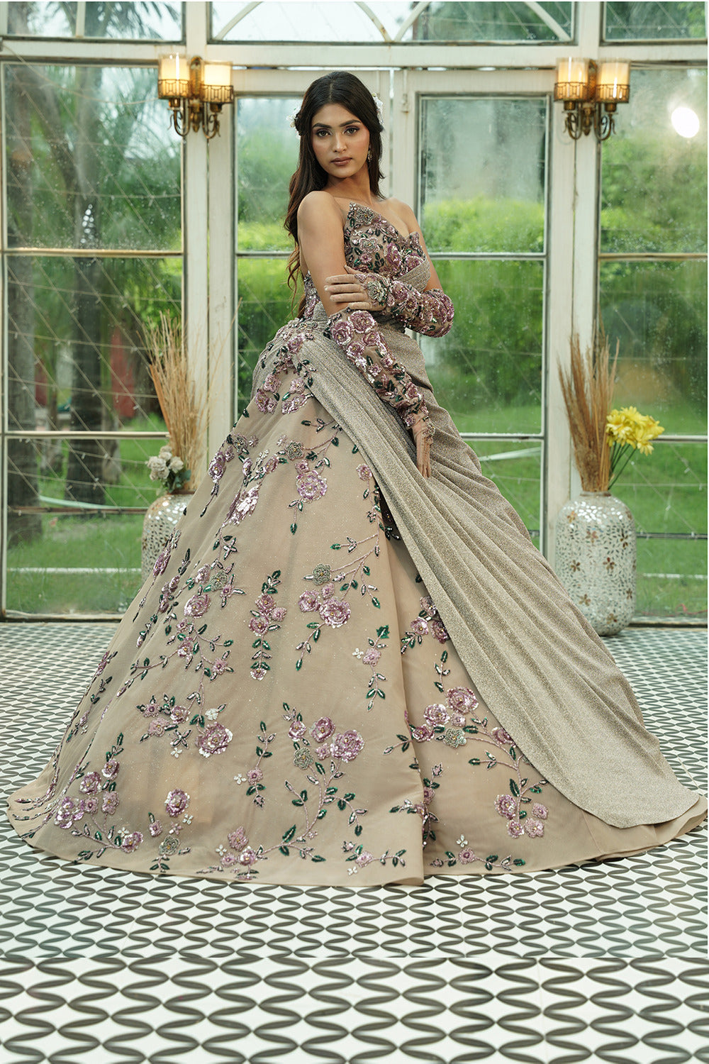 Blush Lavender Embroidered Off-Shoulder Ball Gown with Draped Detail