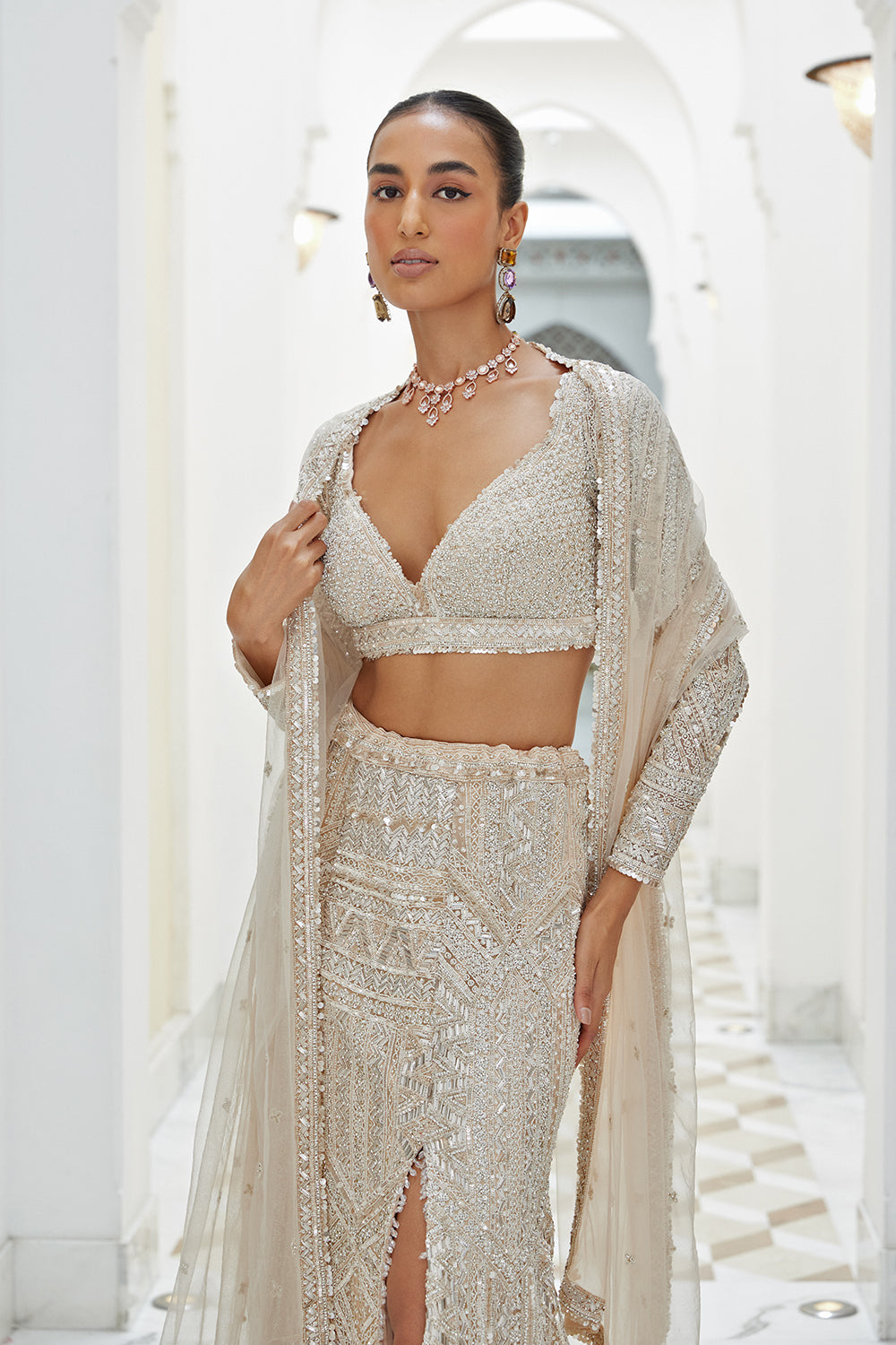 Blush Pink Panelled Net Skirt With Front Slit With Blouse