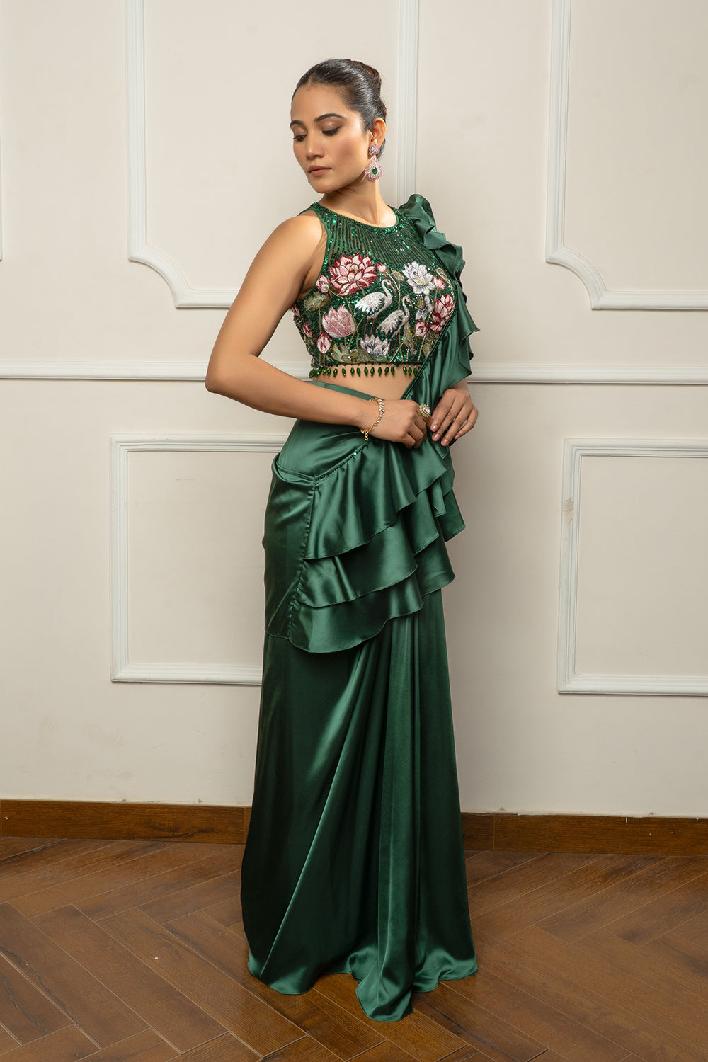 Bottle green drape saree set