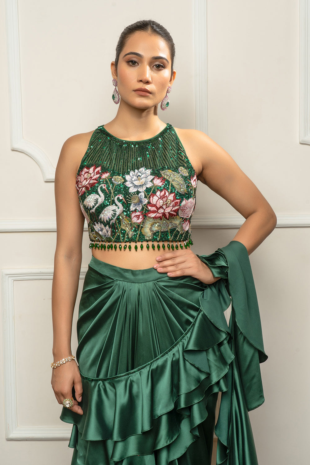 Bottle green drape saree set