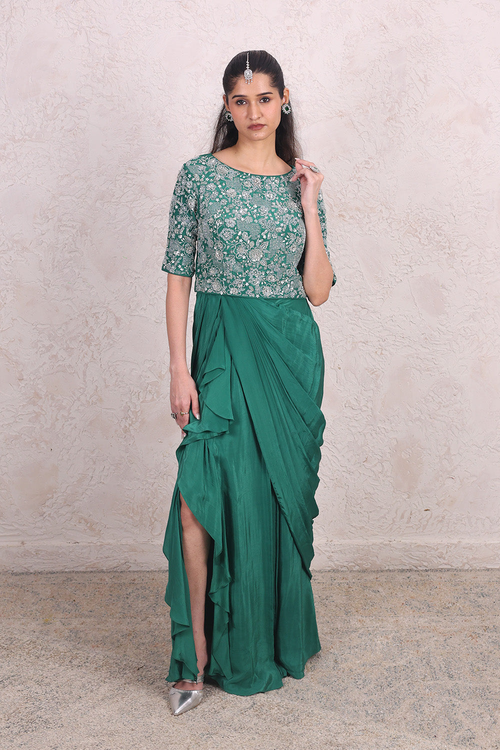 Bottle Green Draped Skirt with Embellised Top Set
