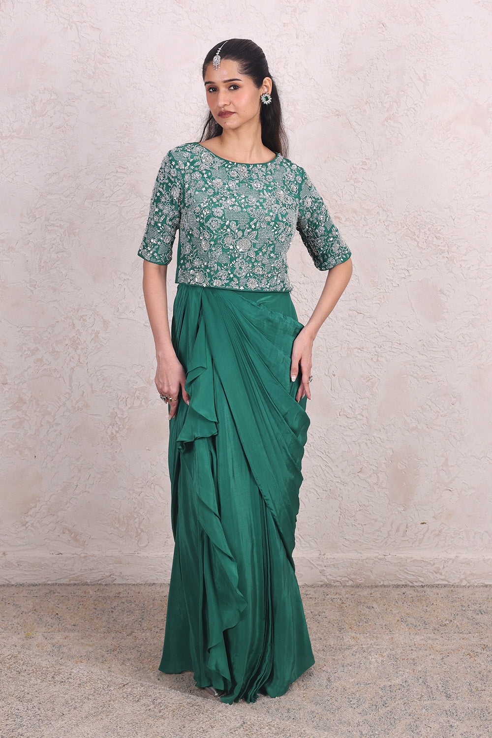 Bottle Green Draped Skirt with Embellised Top Set
