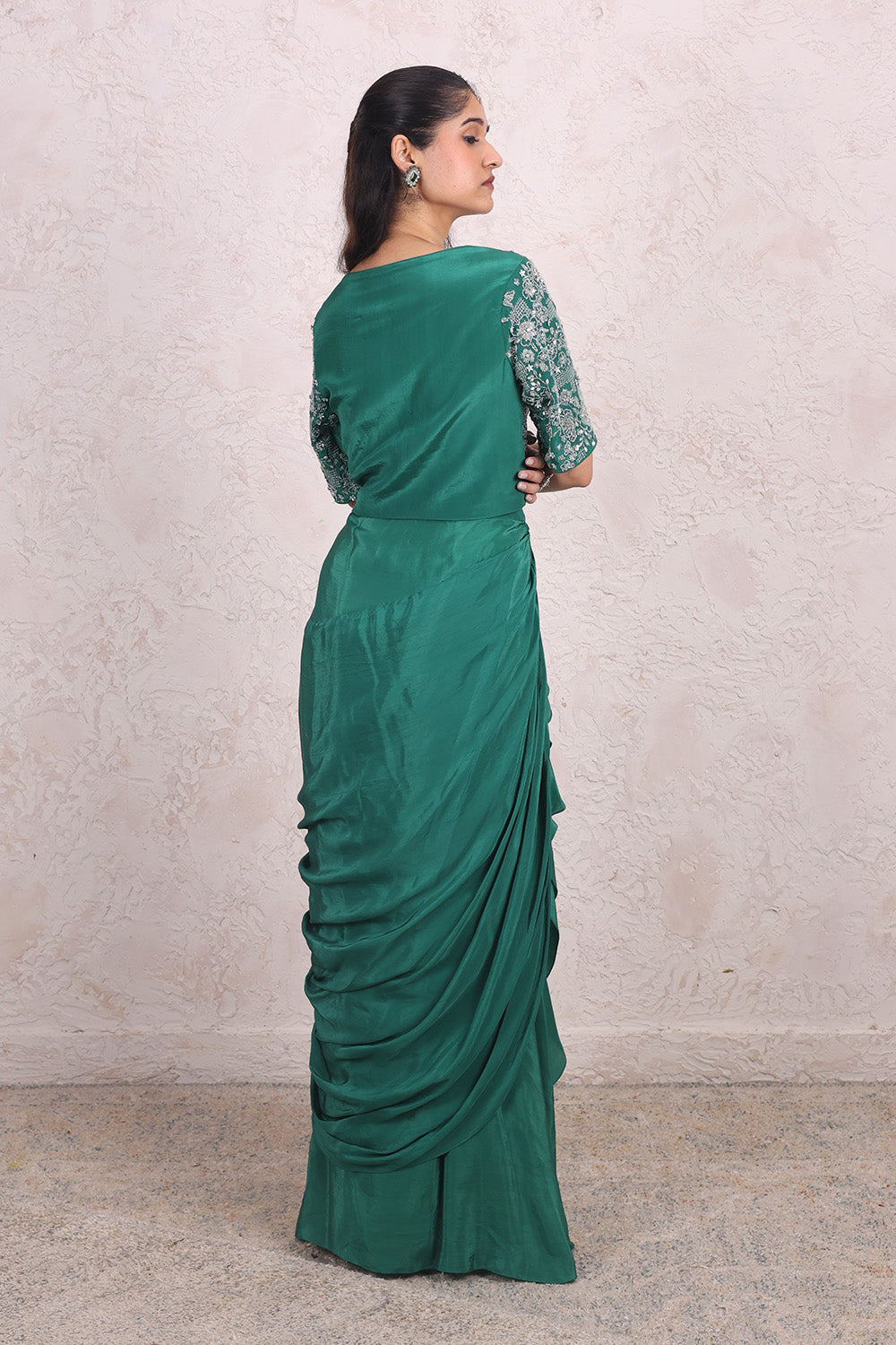 Bottle Green Draped Skirt with Embellised Top Set