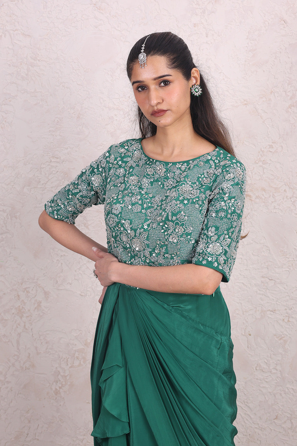 Bottle Green Draped Skirt with Embellised Top Set