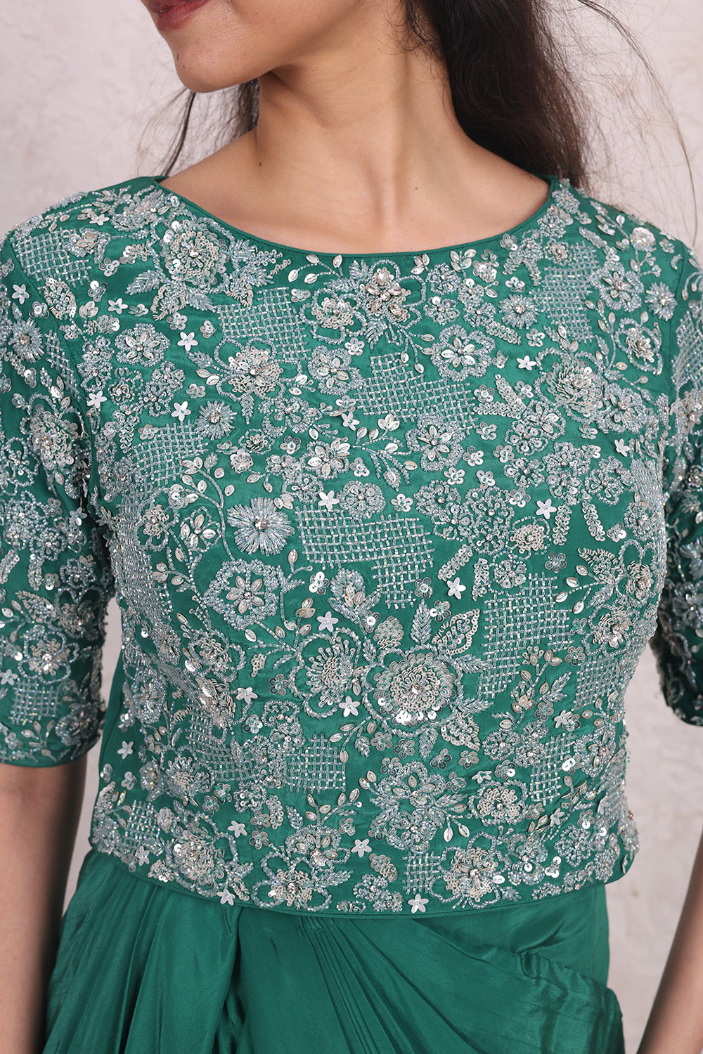 Bottle Green Draped Skirt with Embellised Top Set