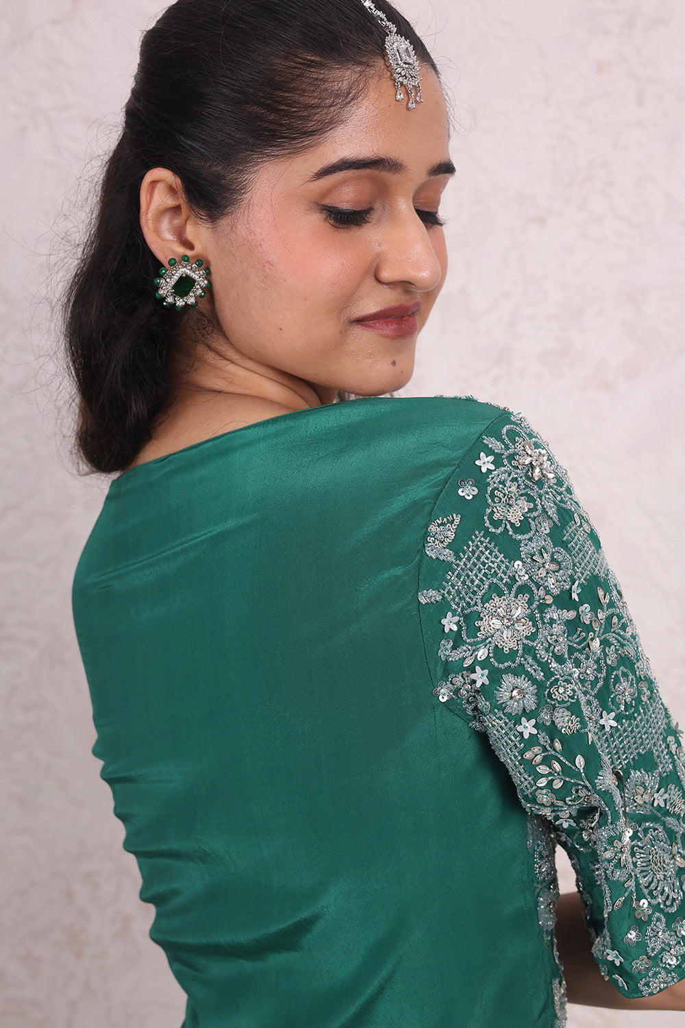 Bottle Green Draped Skirt with Embellised Top Set