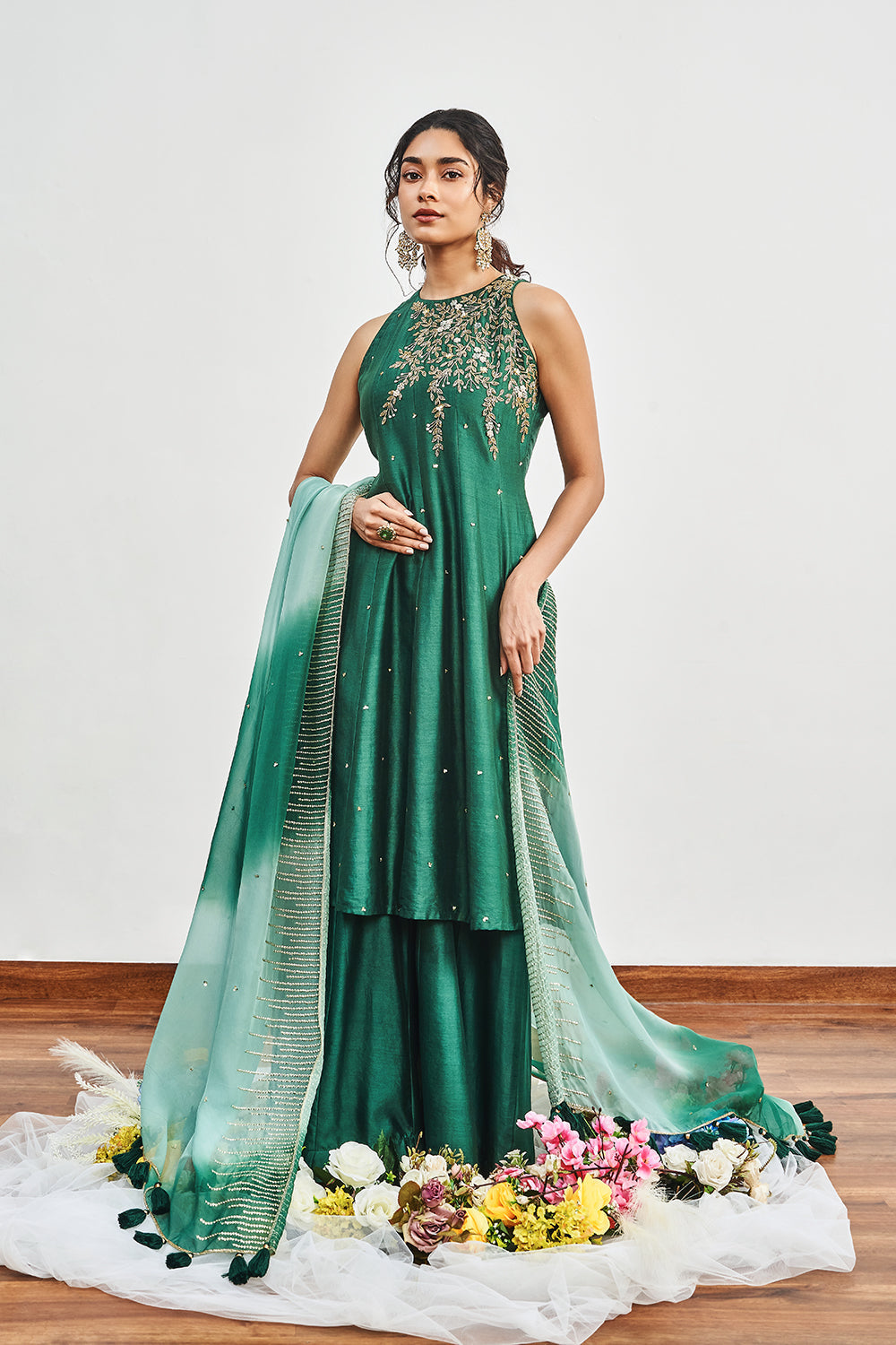 Bottle Green Kalidaar with Bottle Green X Mint Green Shaded Dupatta
