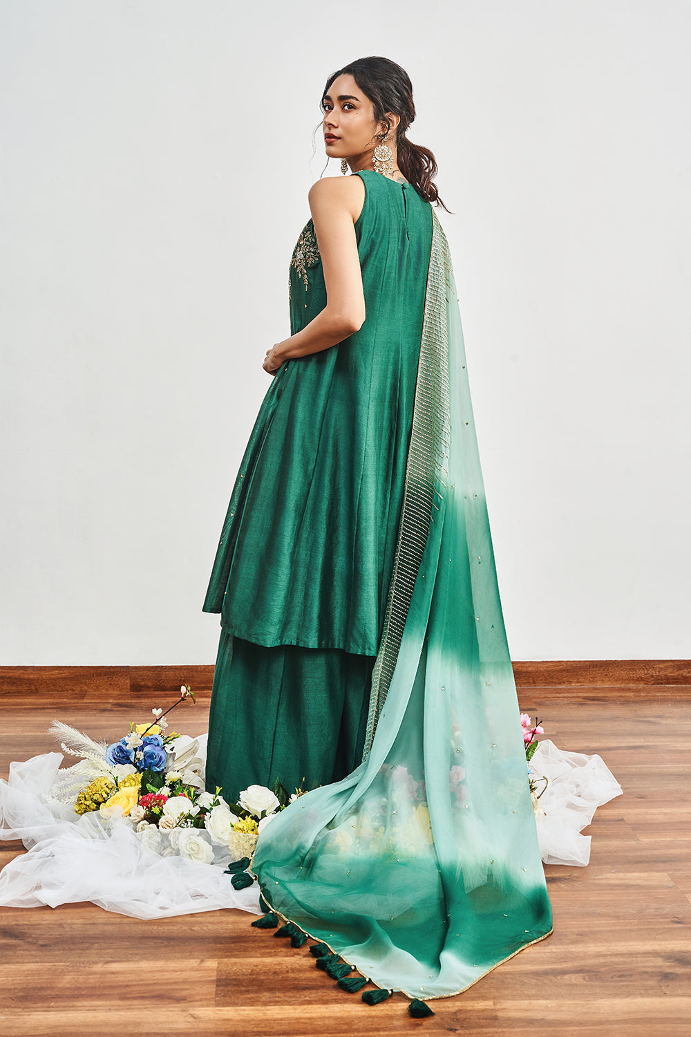 Bottle Green Kalidaar with Bottle Green X Mint Green Shaded Dupatta
