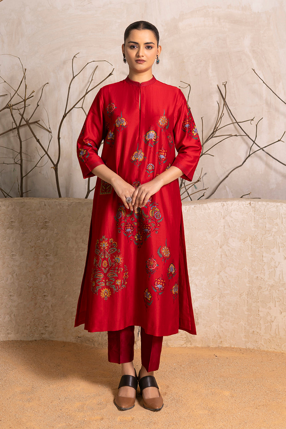 Bright Red Silk Chanderi Printed Tunic