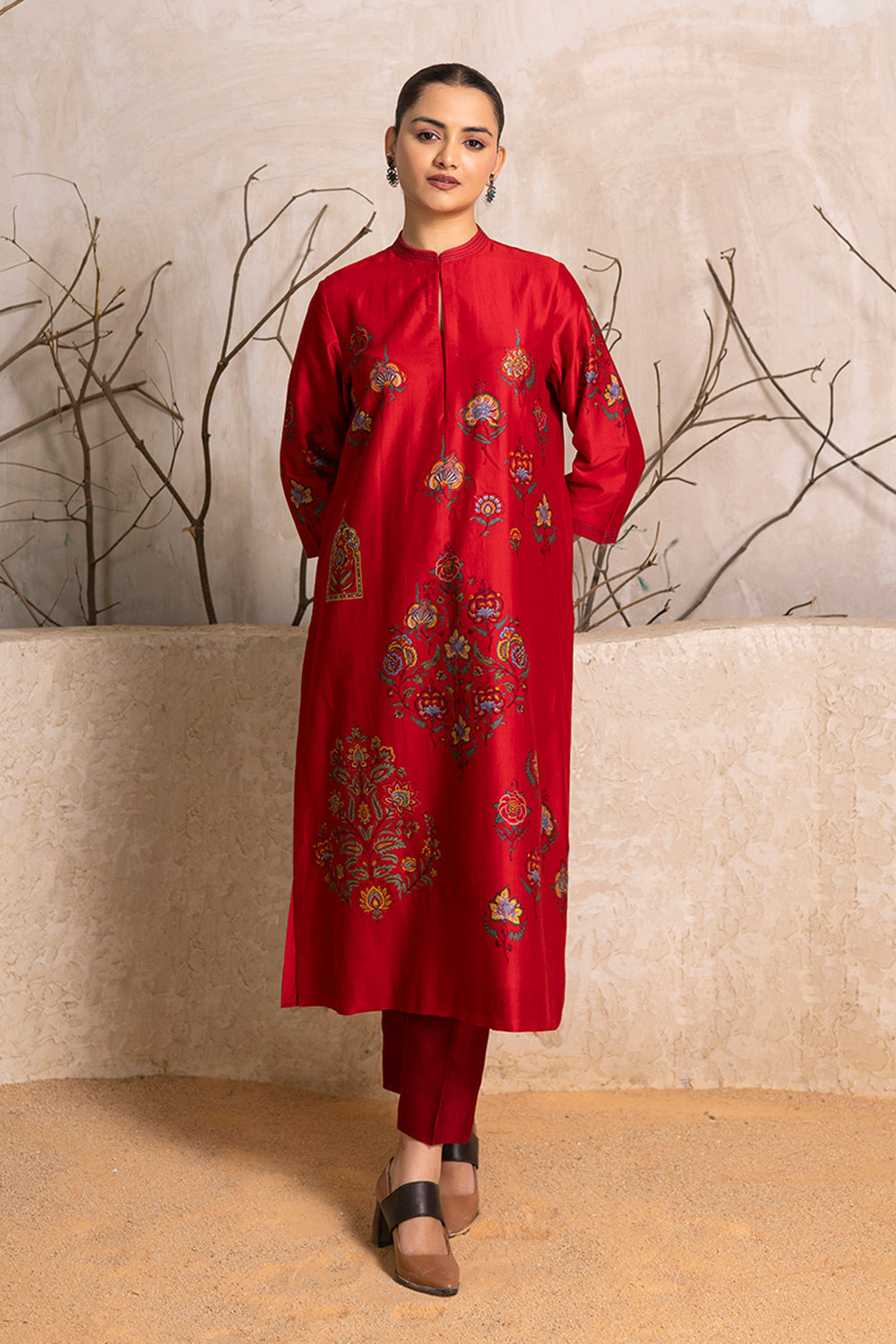 Bright Red Silk Chanderi Printed Tunic