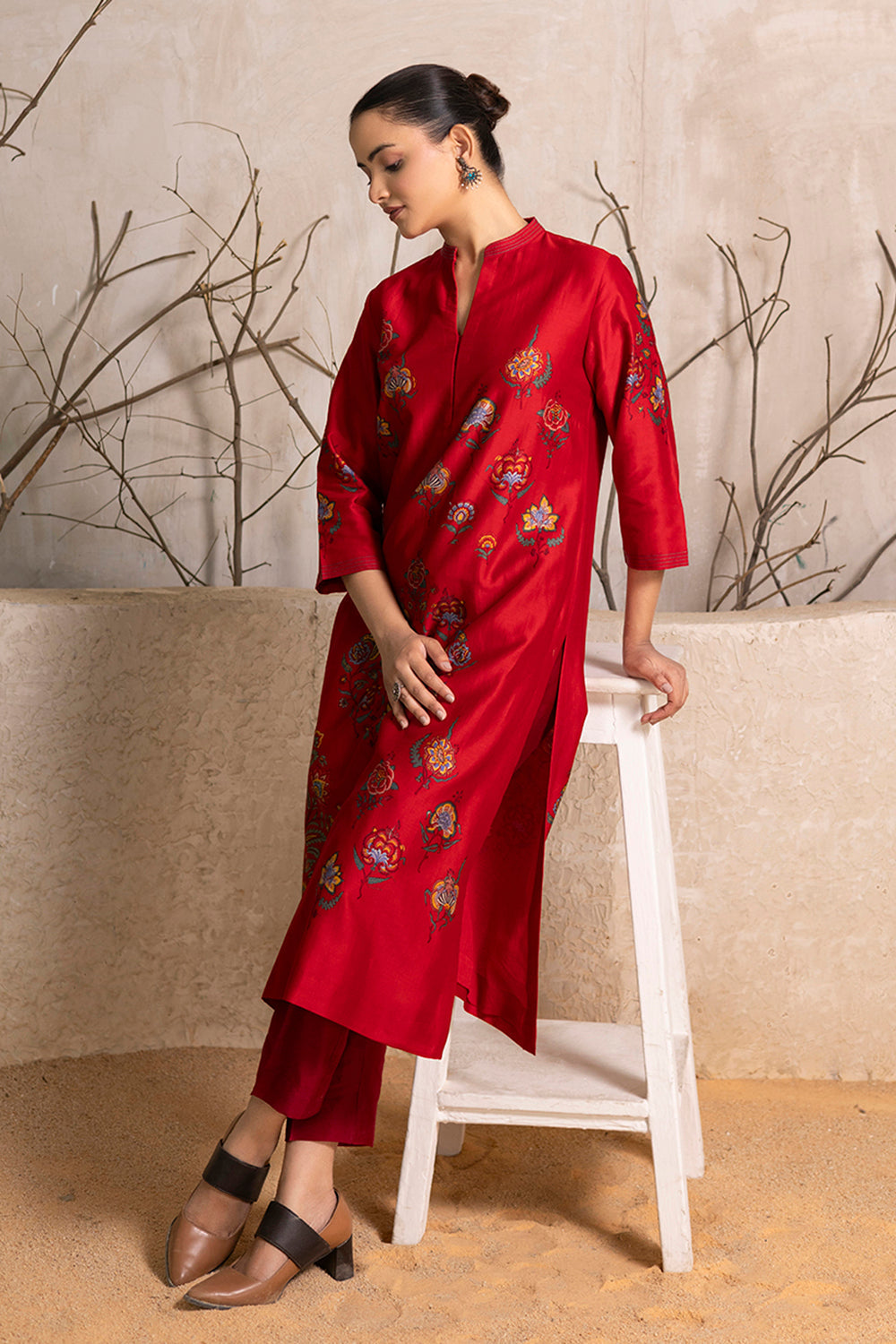 Bright Red Silk Chanderi Printed Tunic