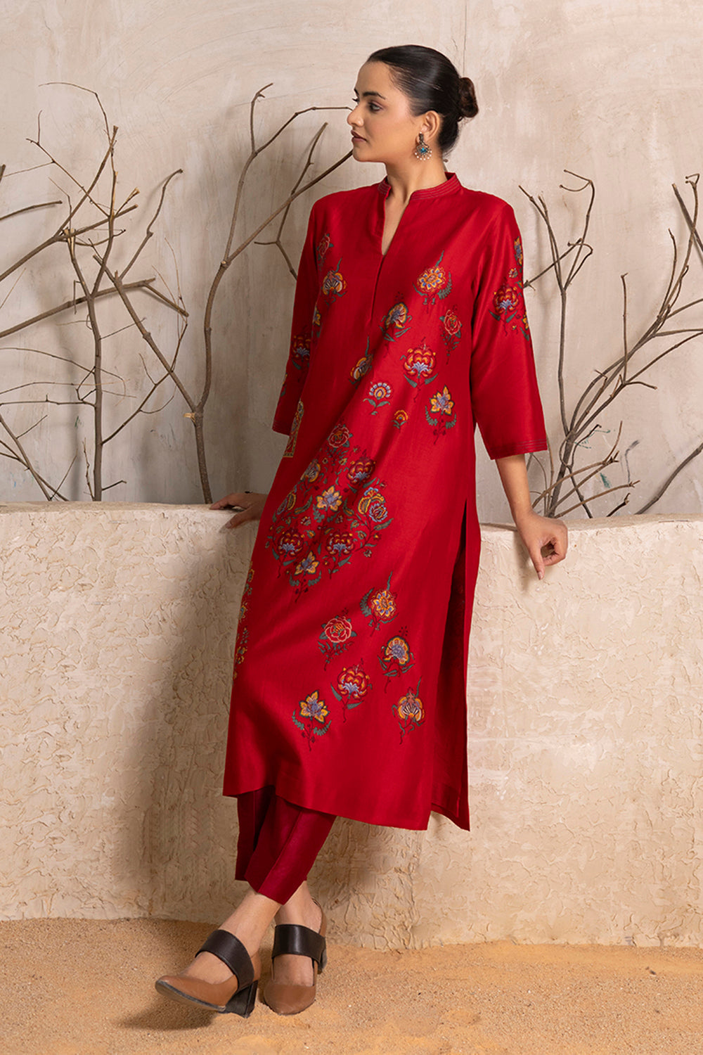 Bright Red Silk Chanderi Printed Tunic