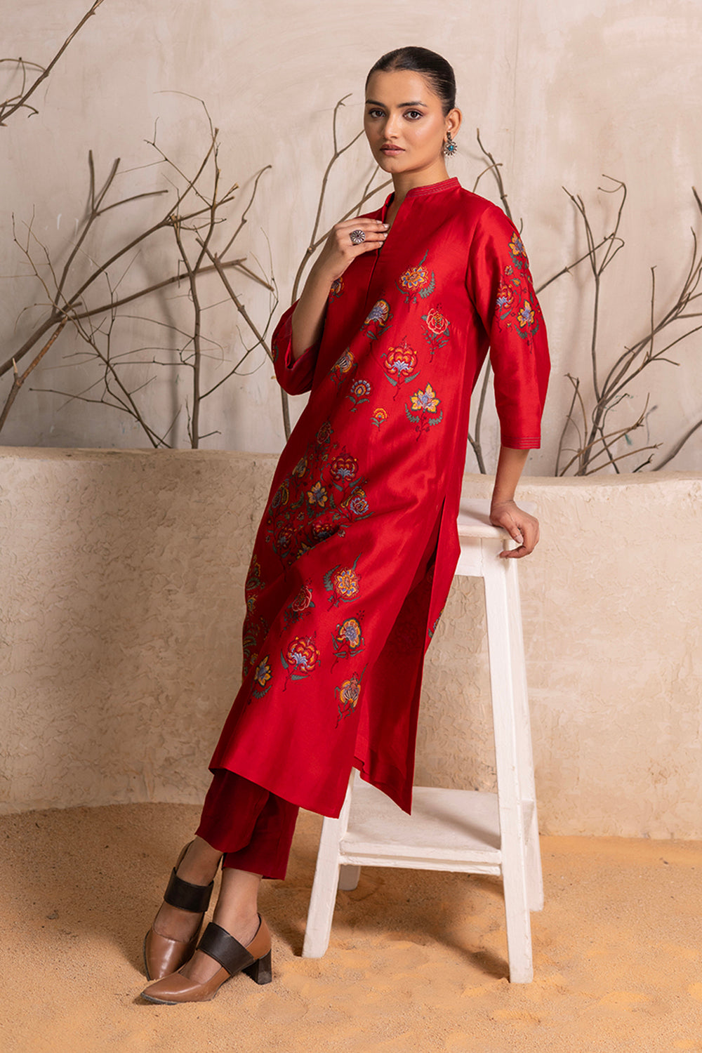 Bright Red Silk Chanderi Printed Tunic
