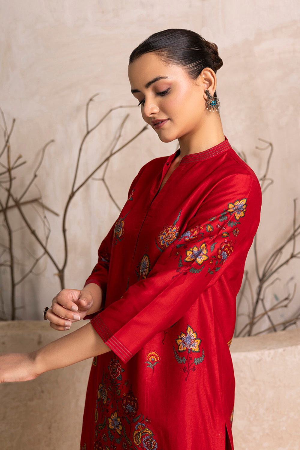 Bright Red Silk Chanderi Printed Tunic