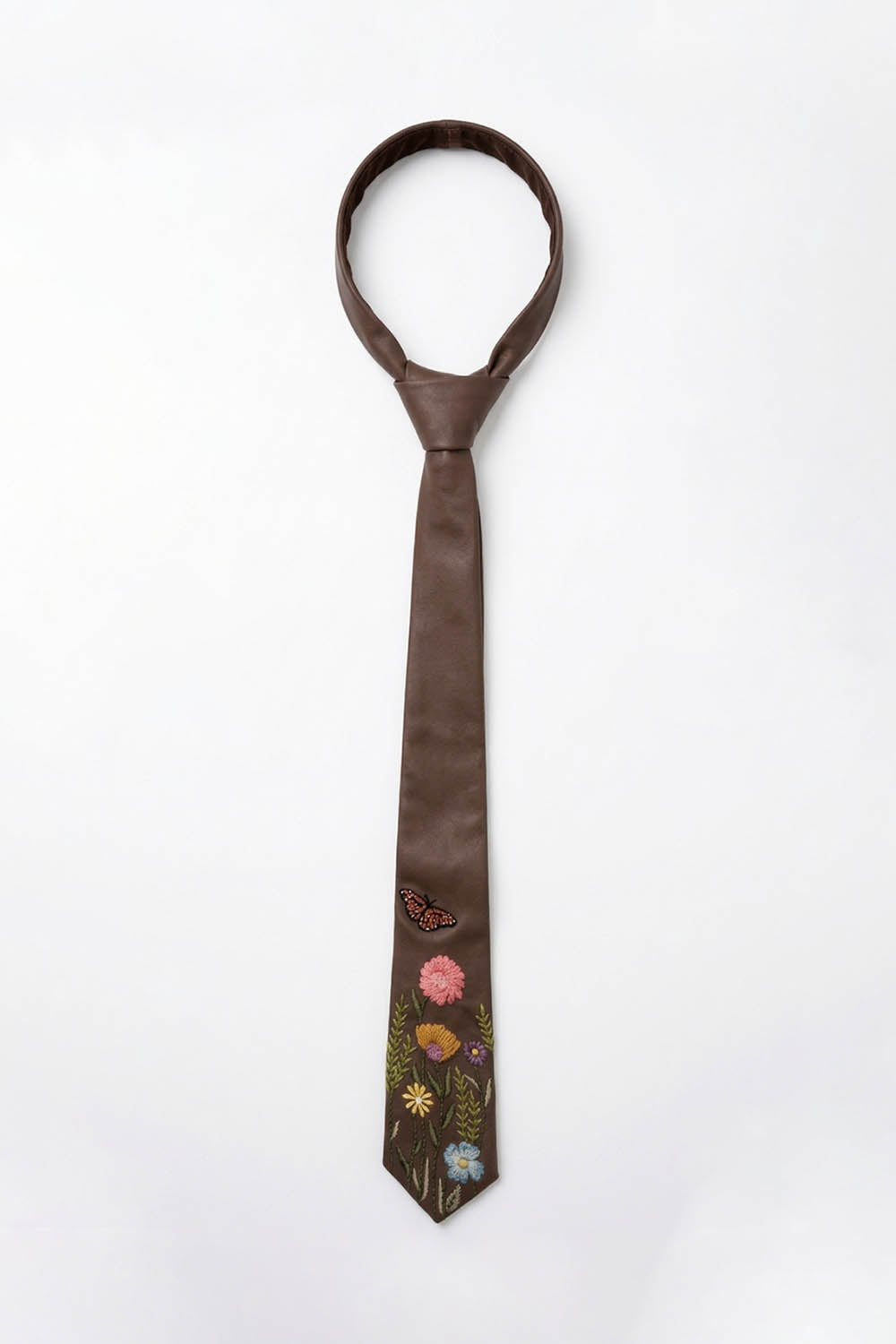 Brown Embroidered Leatherette Tie