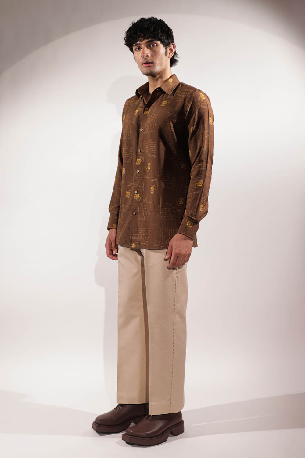 Brown Postcard Print Cotton-Silk Shirt