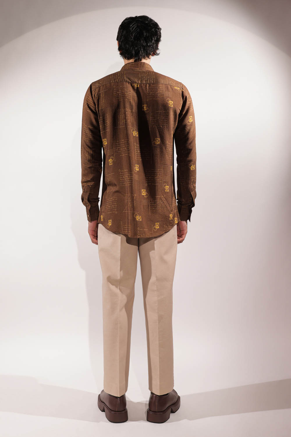 Brown Postcard Print Cotton-Silk Shirt