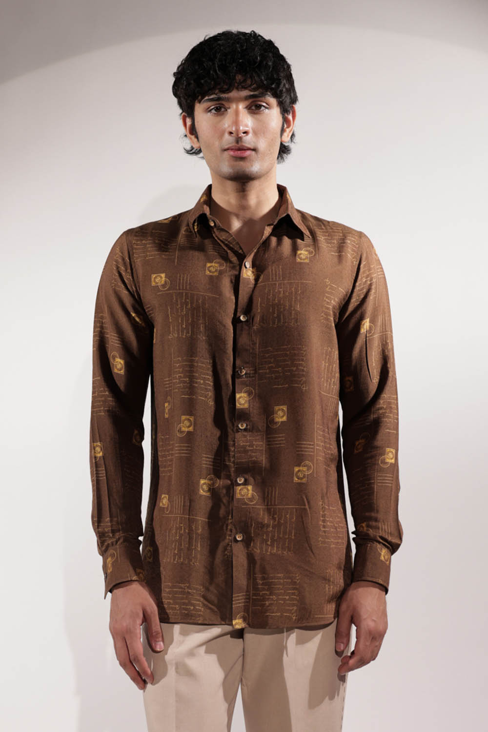Brown Postcard Print Cotton-Silk Shirt