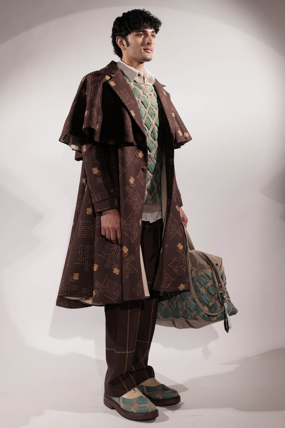 Brown postcard-print flared trench coat