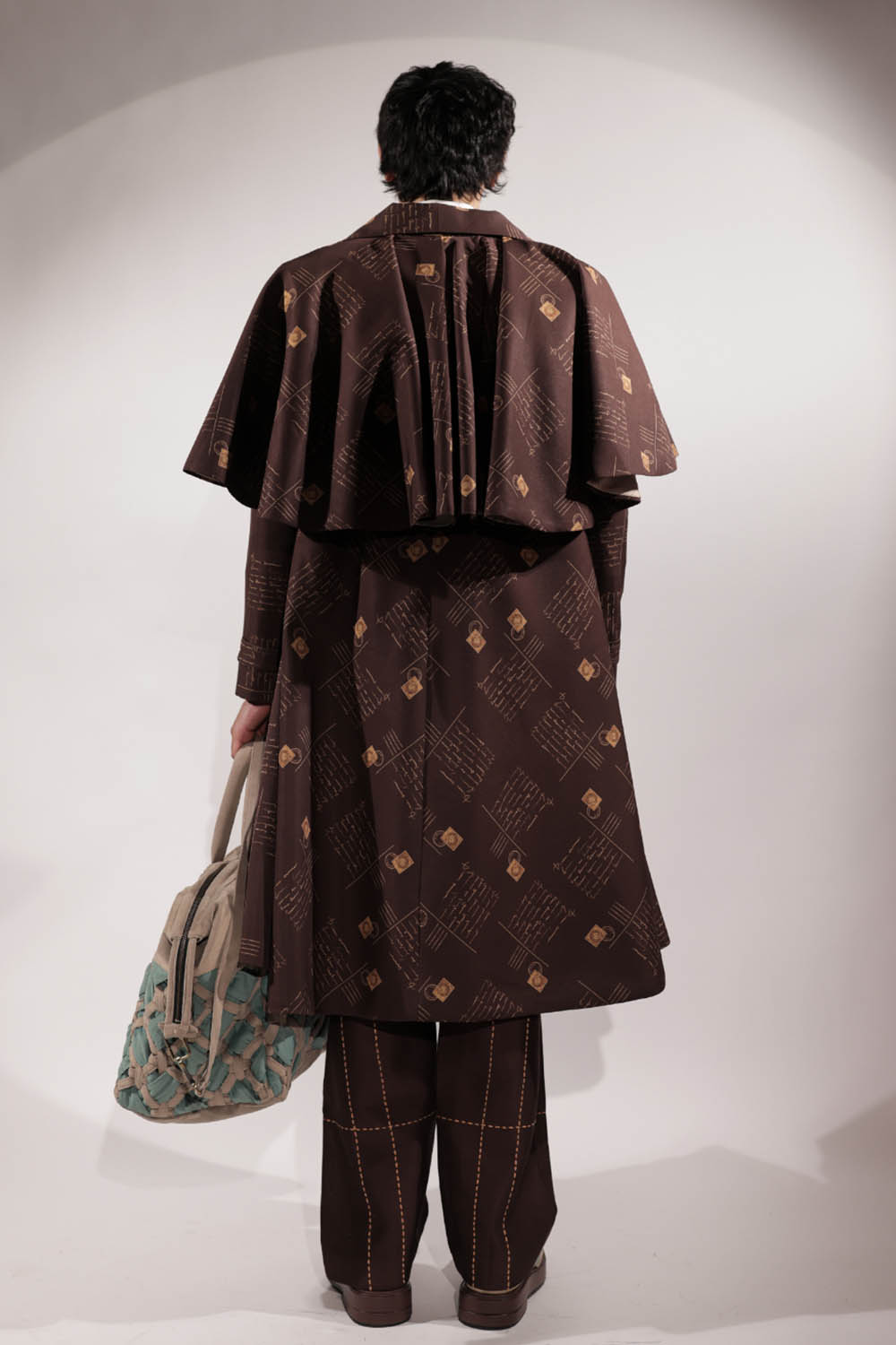 Brown postcard-print flared trench coat