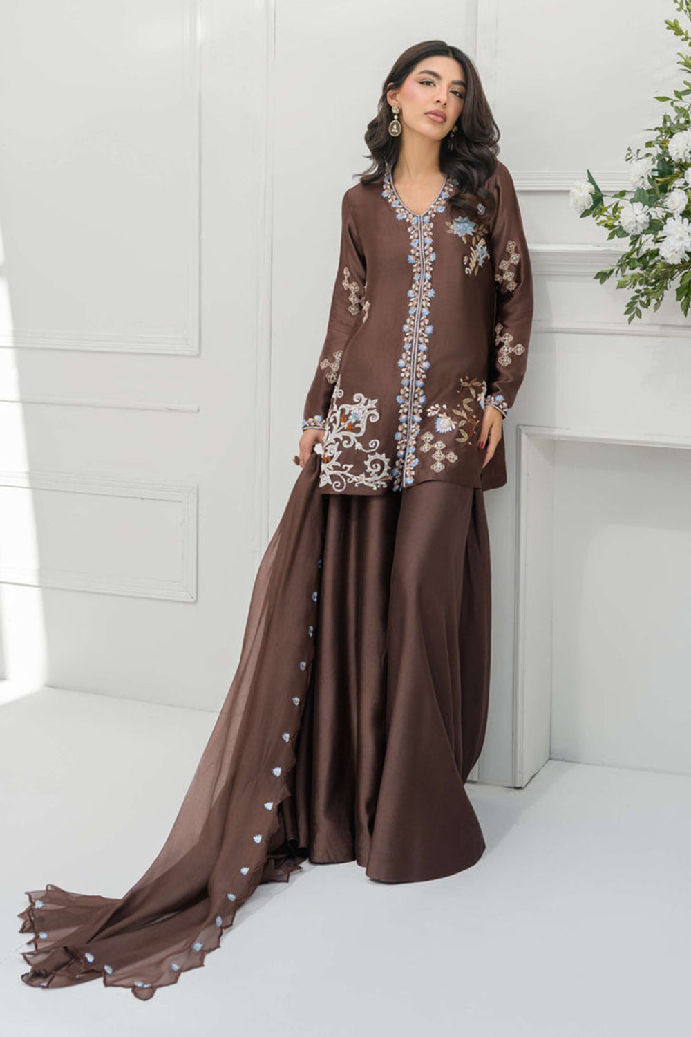 Brown Silk Embroidered Kurta Sharara Suit Sets