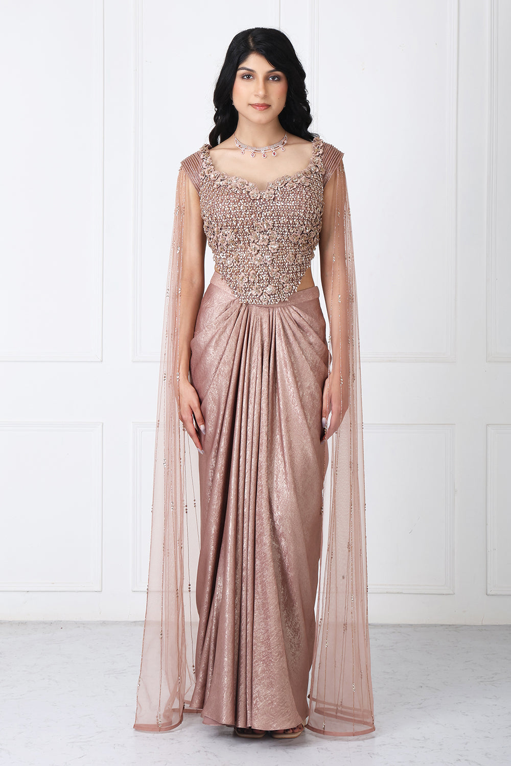 Brown Tessal Embroidered Corset With Drape Skirt