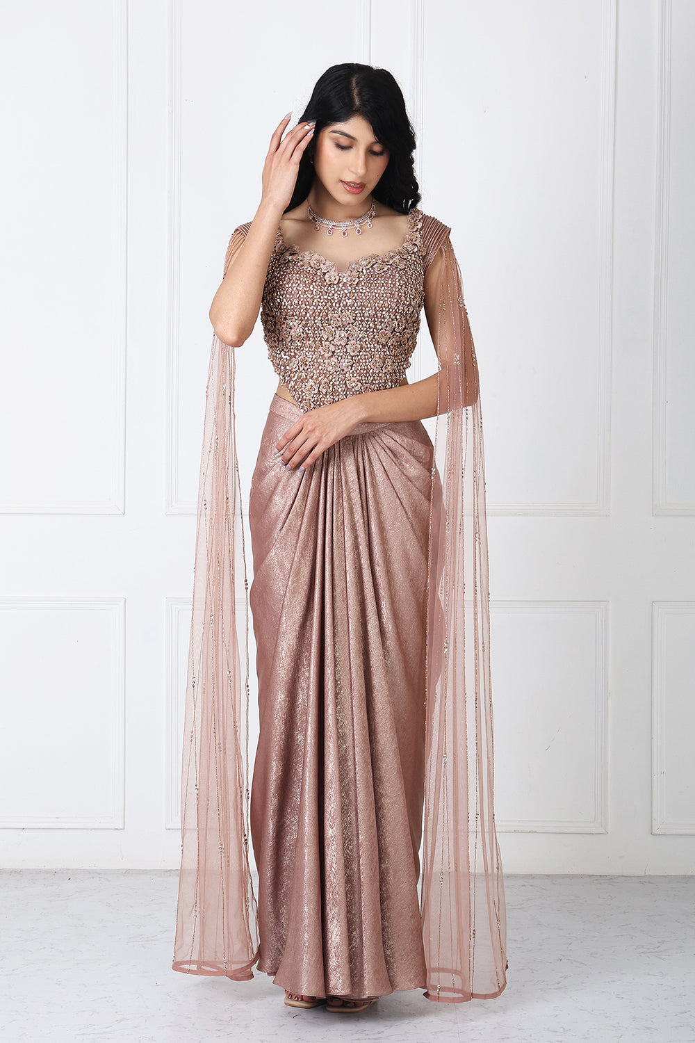 Brown Tessal Embroidered Corset With Drape Skirt