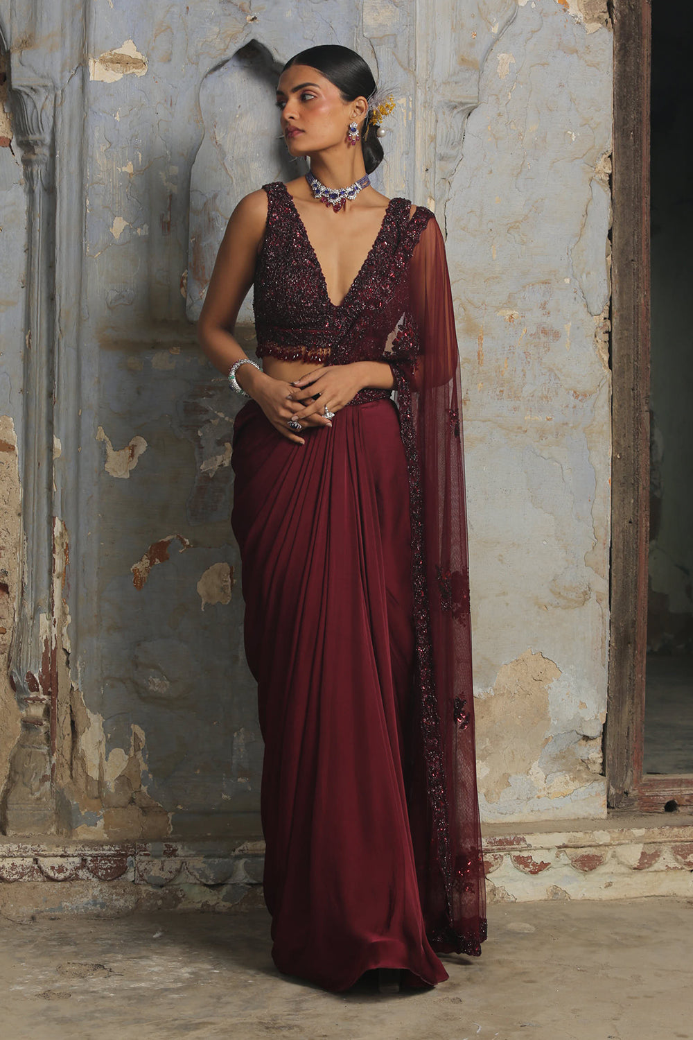 Burgundy  Satin Drape Saree