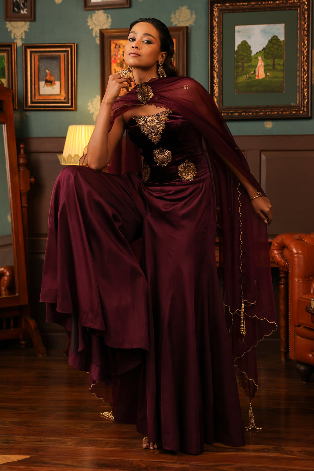 Burgundy Corset Sharara Set